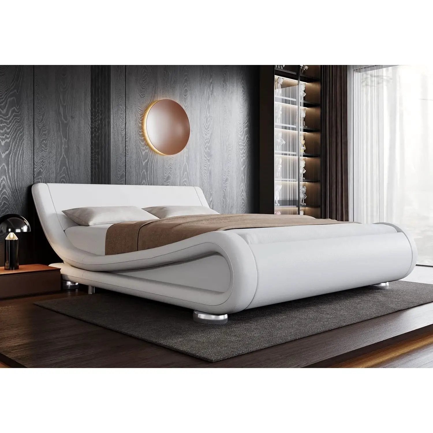 Full Modern White Upholstered Platform Bed Frame with Sleigh Curved Headboard by HomePacific