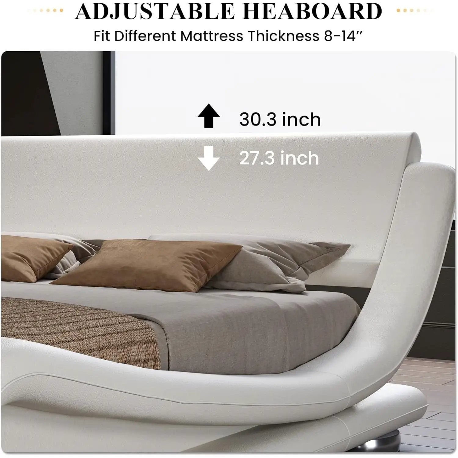 Full Modern White Upholstered Platform Bed Frame with Sleigh Curved Headboard by HomePacific