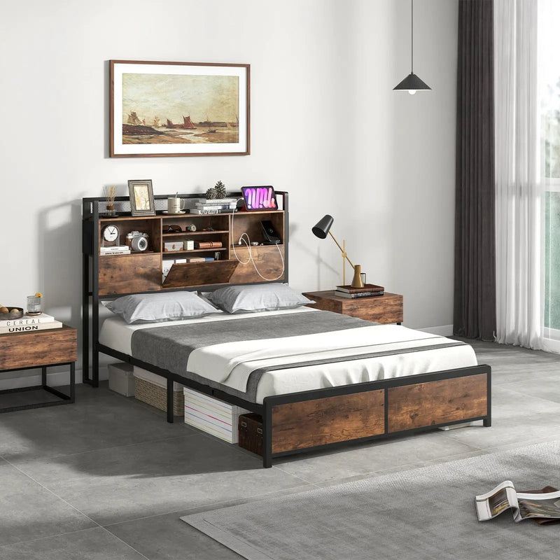 Full/Queen Size Bed Frame with 3-Tier Bookcase Headboard and Charging Station by DirectDeals