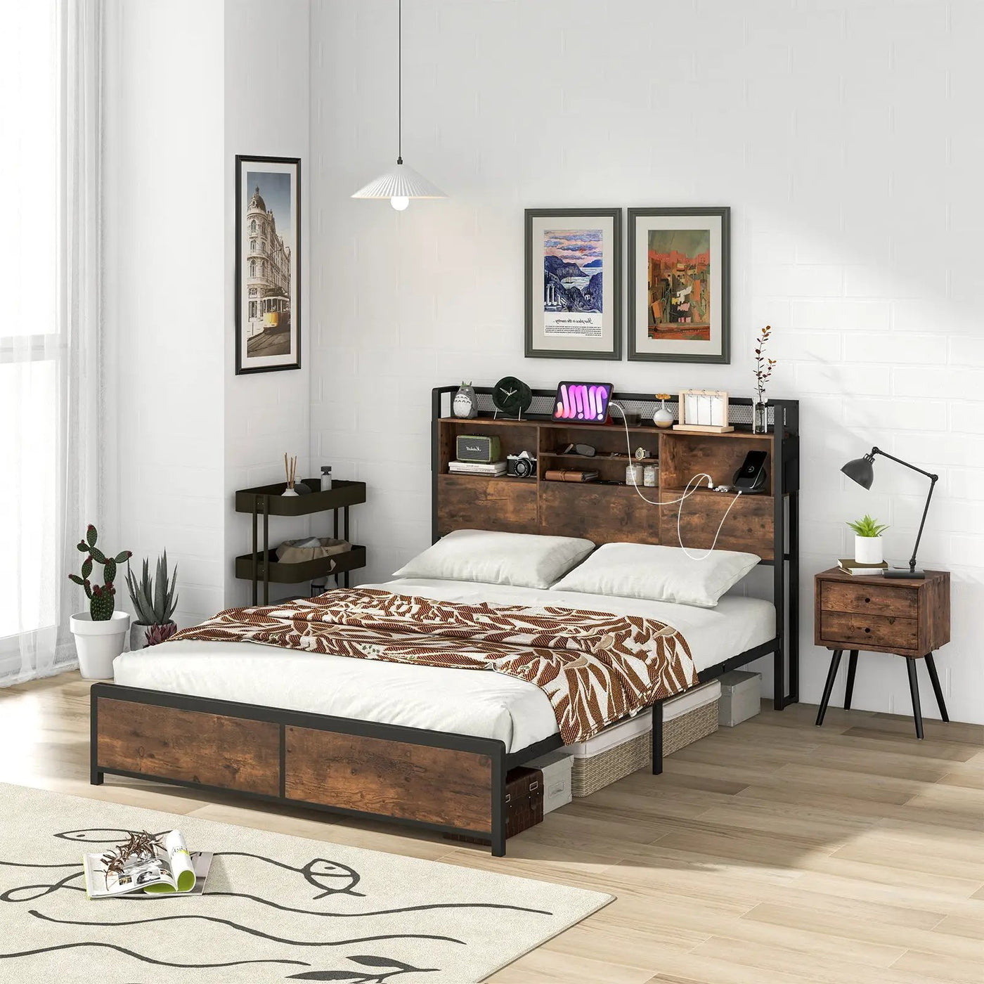 Full/Queen Size Bed Frame with 3-Tier Bookcase Headboard and Charging Station by DirectDeals