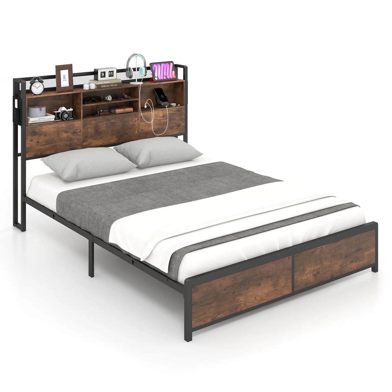 Full/Queen Size Bed Frame with 3-Tier Bookcase Headboard and Charging Station by DirectDeals