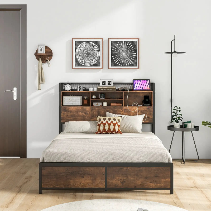 Full/Queen Size Bed Frame with 3-Tier Bookcase Headboard and Charging Station by DirectDeals