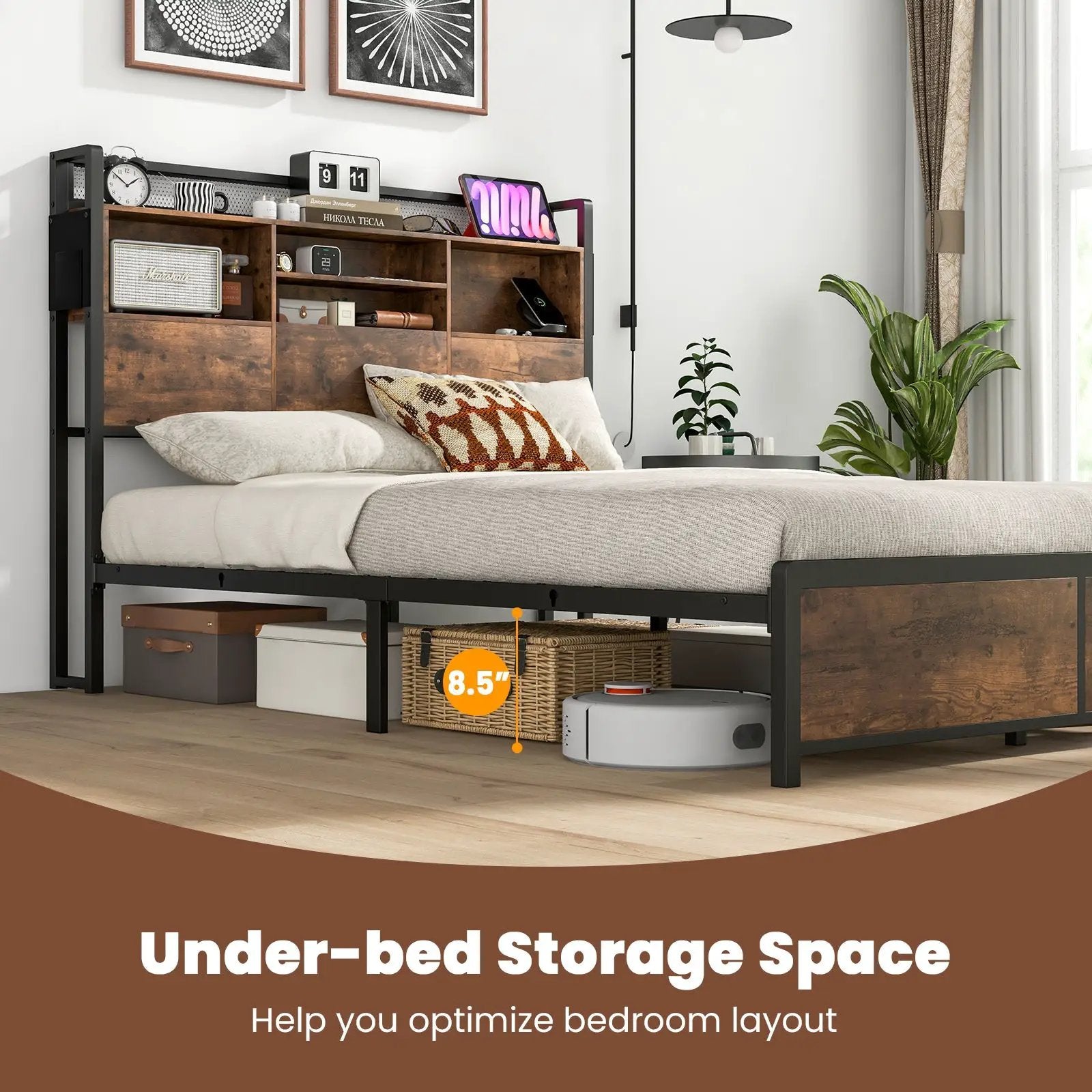 Full/Queen Size Bed Frame with 3-Tier Bookcase Headboard and Charging Station by DirectDeals