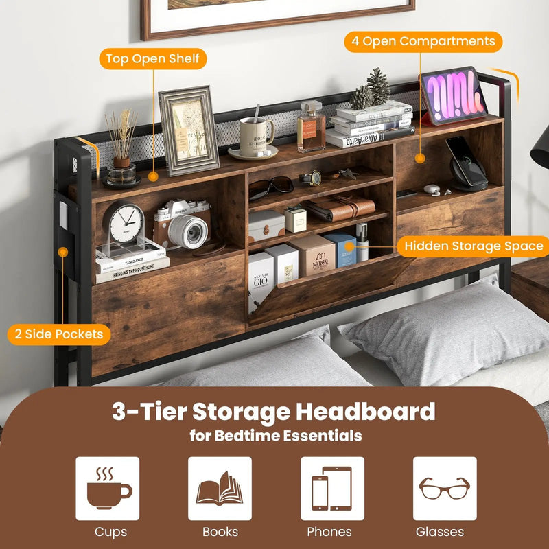 Full/Queen Size Bed Frame with 3-Tier Bookcase Headboard and Charging Station by DirectDeals