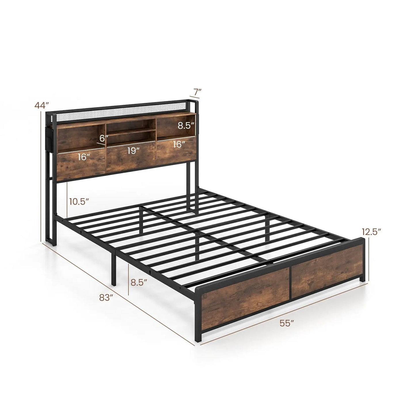 Full/Queen Size Bed Frame with 3-Tier Bookcase Headboard and Charging Station by DirectDeals