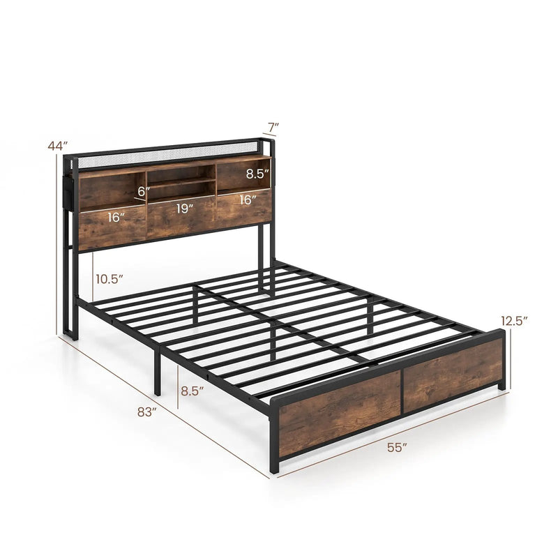 Full/Queen Size Bed Frame with 3-Tier Bookcase Headboard and Charging Station by DirectDeals