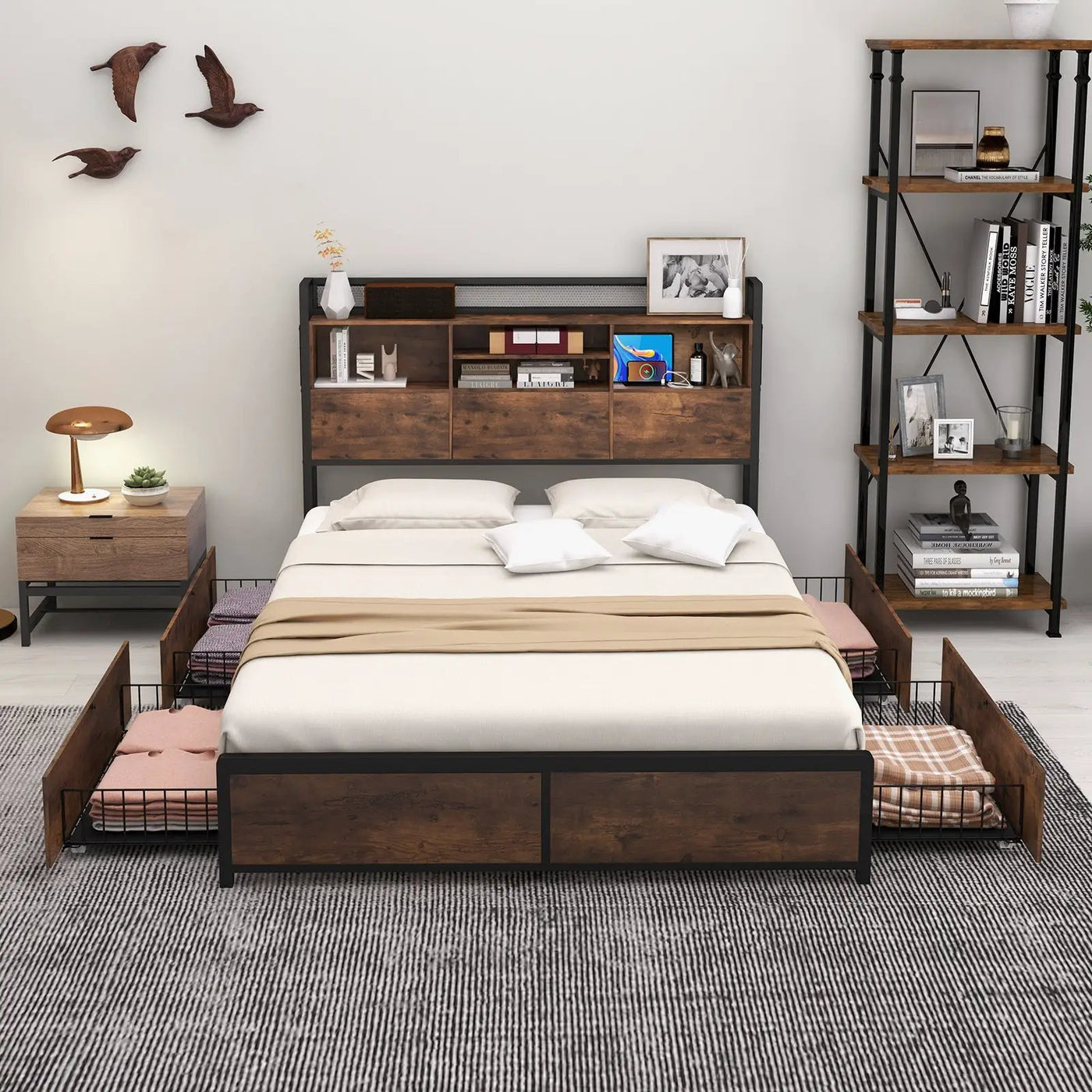 Full/Queen Size Bed Frame with Bookcase Headboard and 4 Storage Drawers by DirectDeals