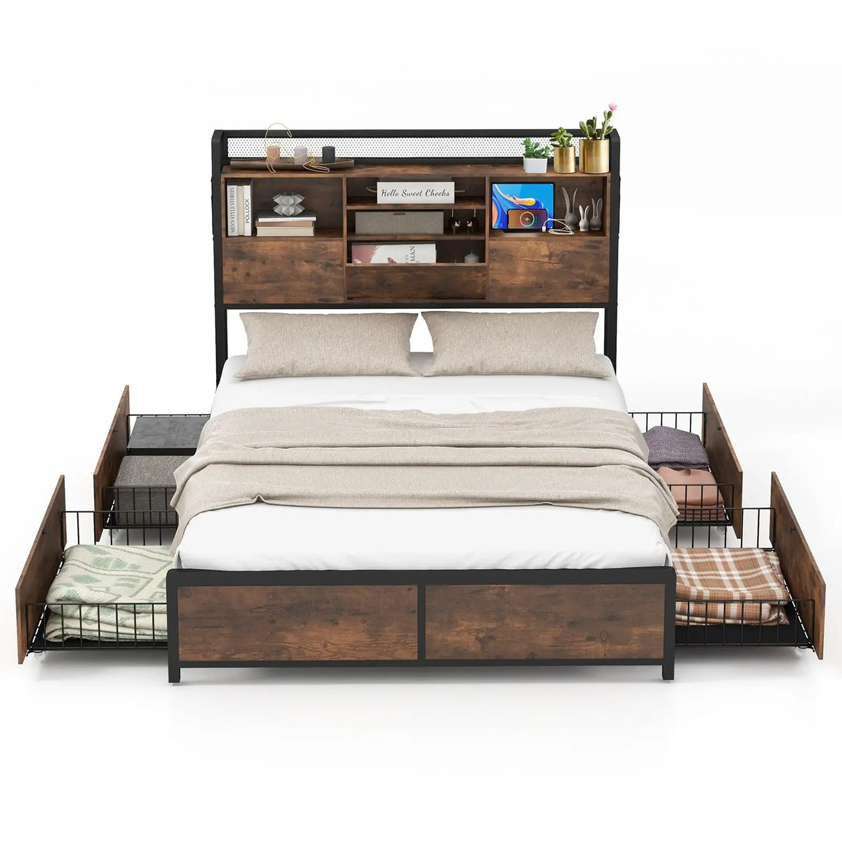 Full/Queen Size Bed Frame with Bookcase Headboard and 4 Storage Drawers by DirectDeals