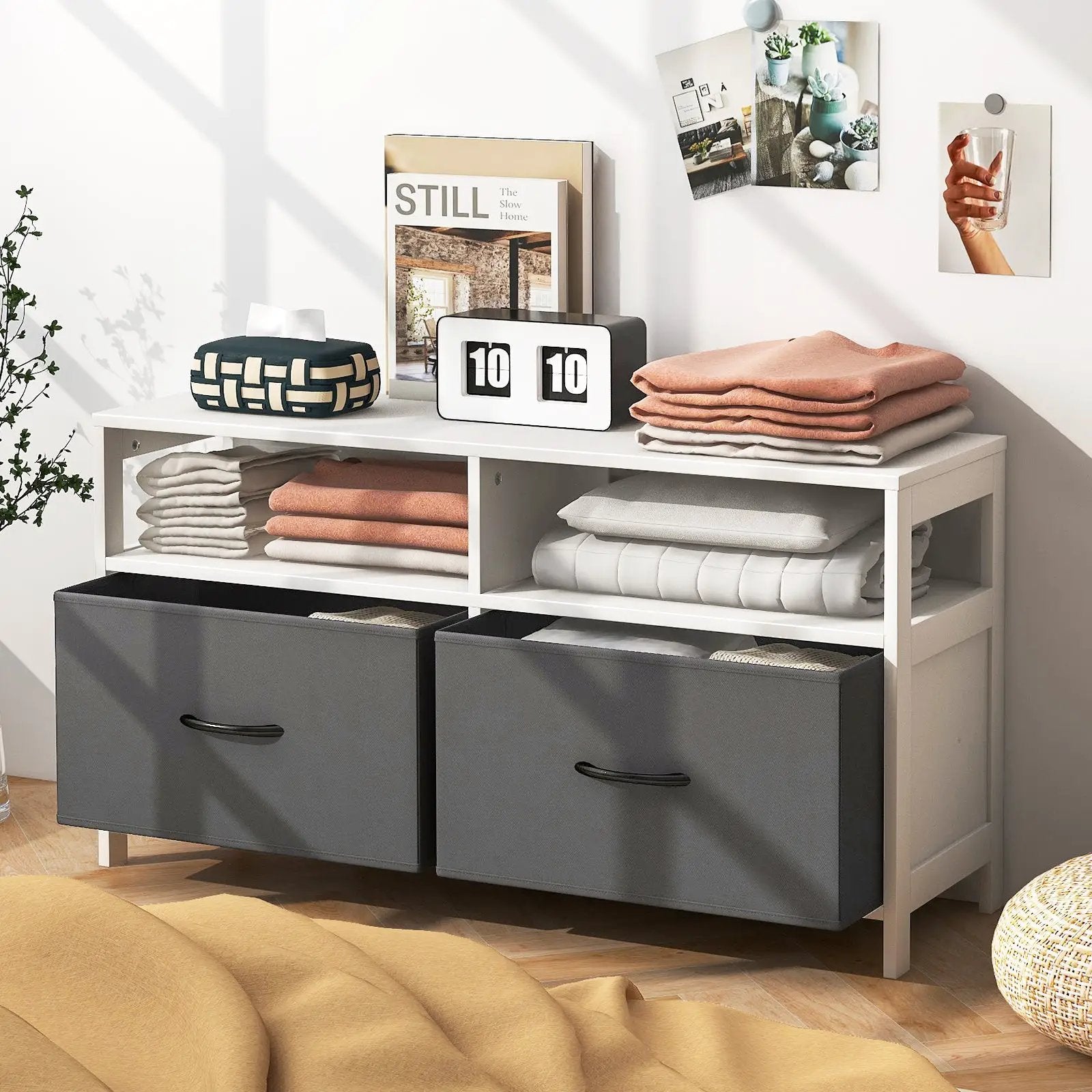 Fabric Chest of Drawers with 2 Drawers and 2 Open Shelves-White by DirectDeals