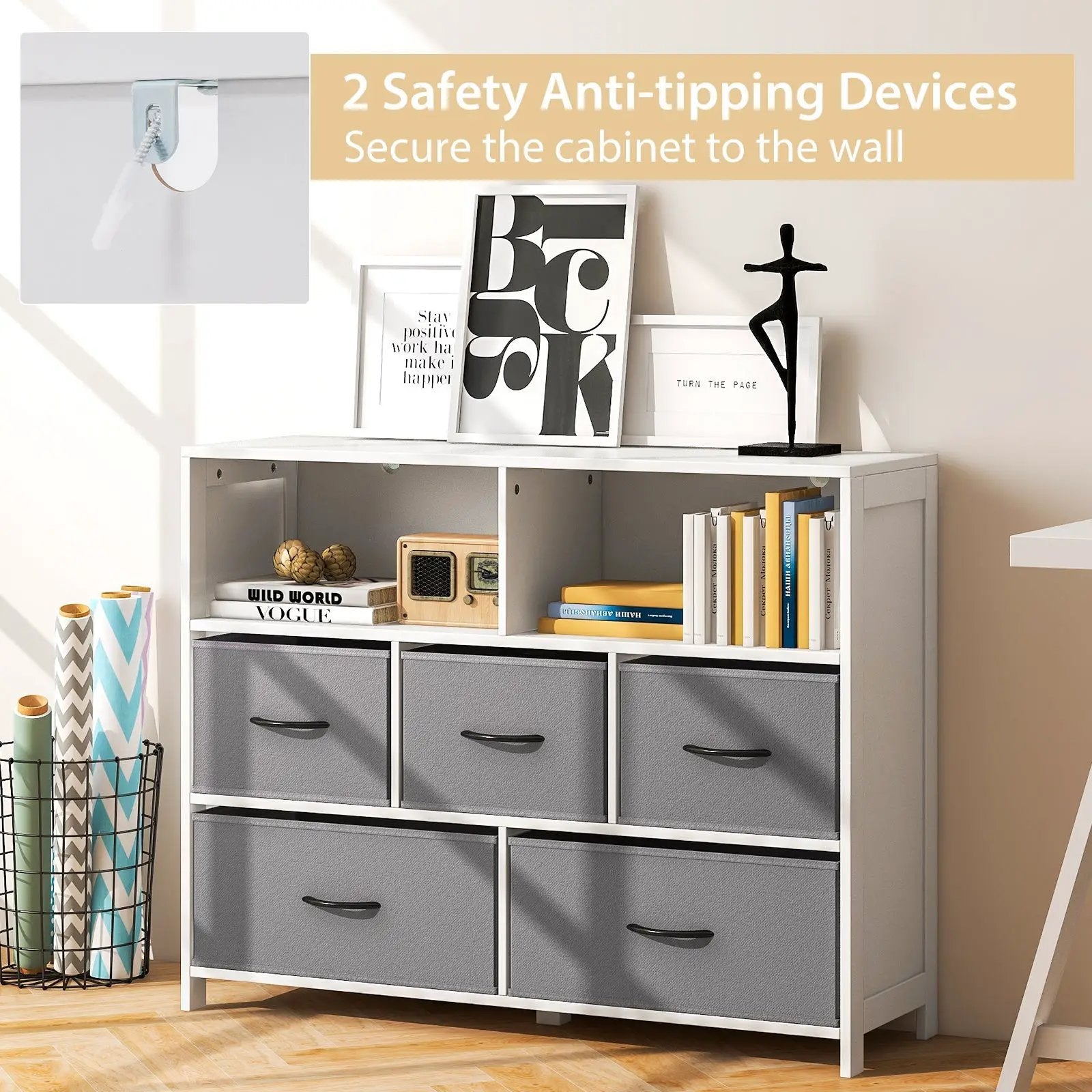 Fabric Dresser with 5 Drawers for Bedroom-White by DirectDeals