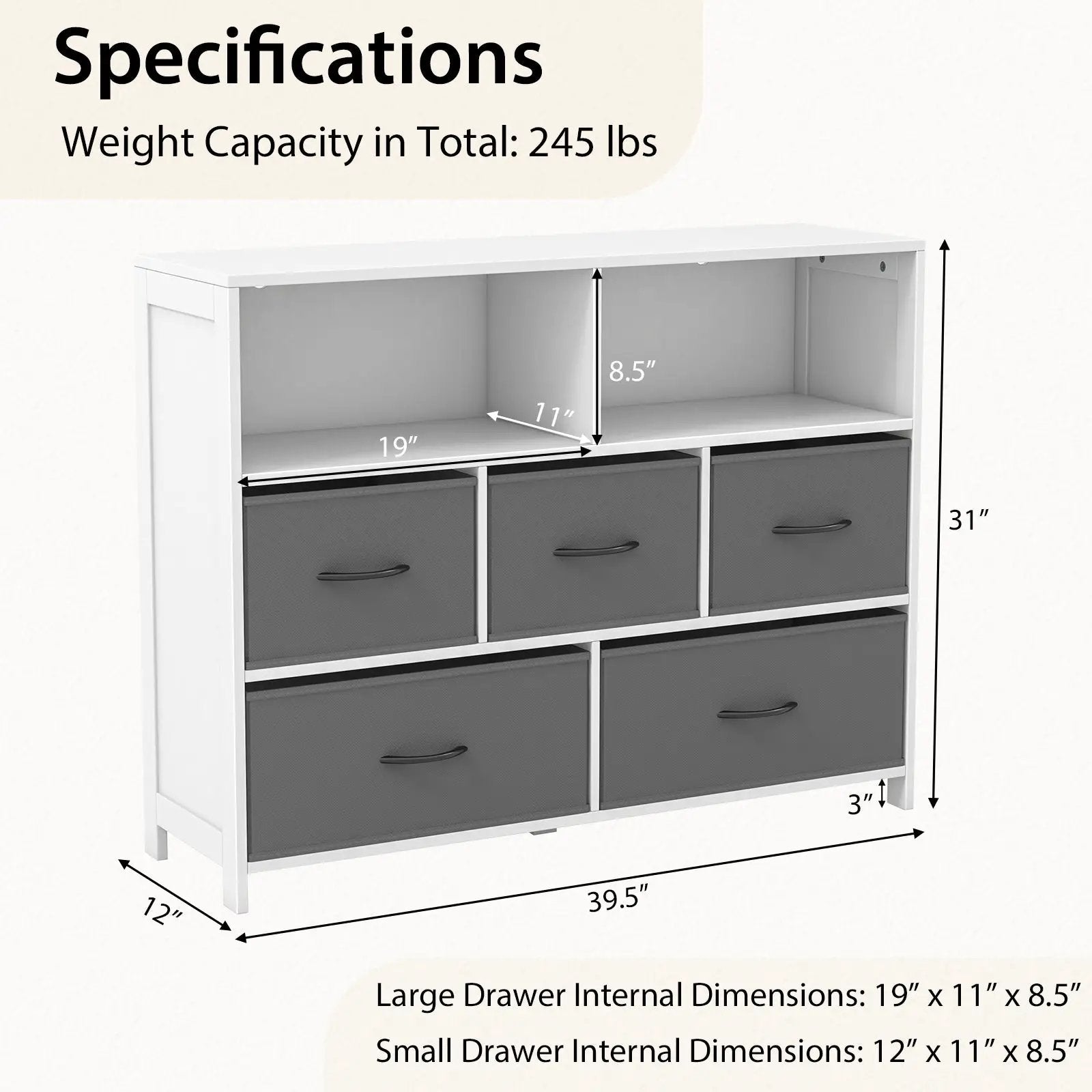 Fabric Dresser with 5 Drawers for Bedroom-White by DirectDeals