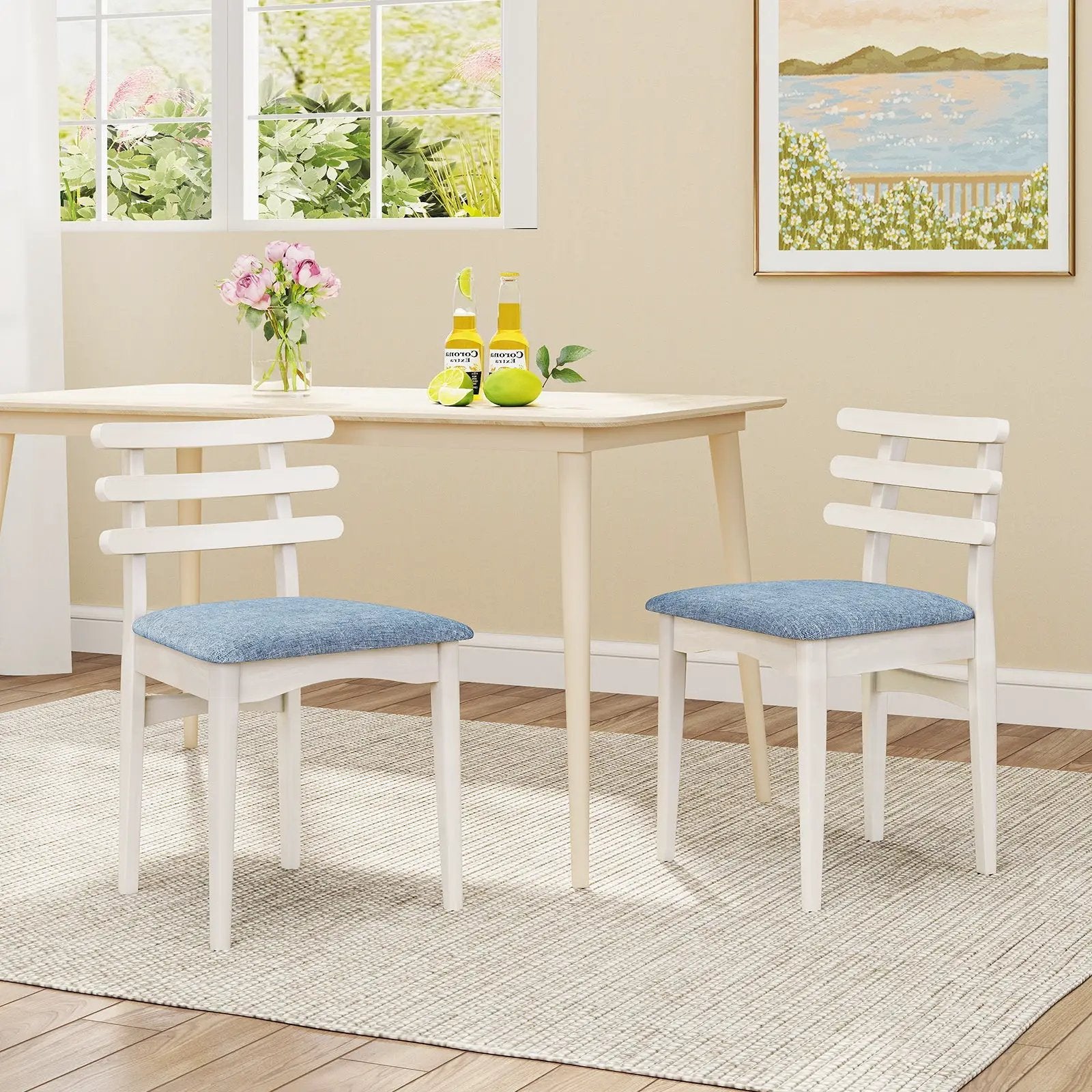 Fabric Kitchen Side Chairs with Rubber Wood Frame and Padded Seat-White by DirectDeals