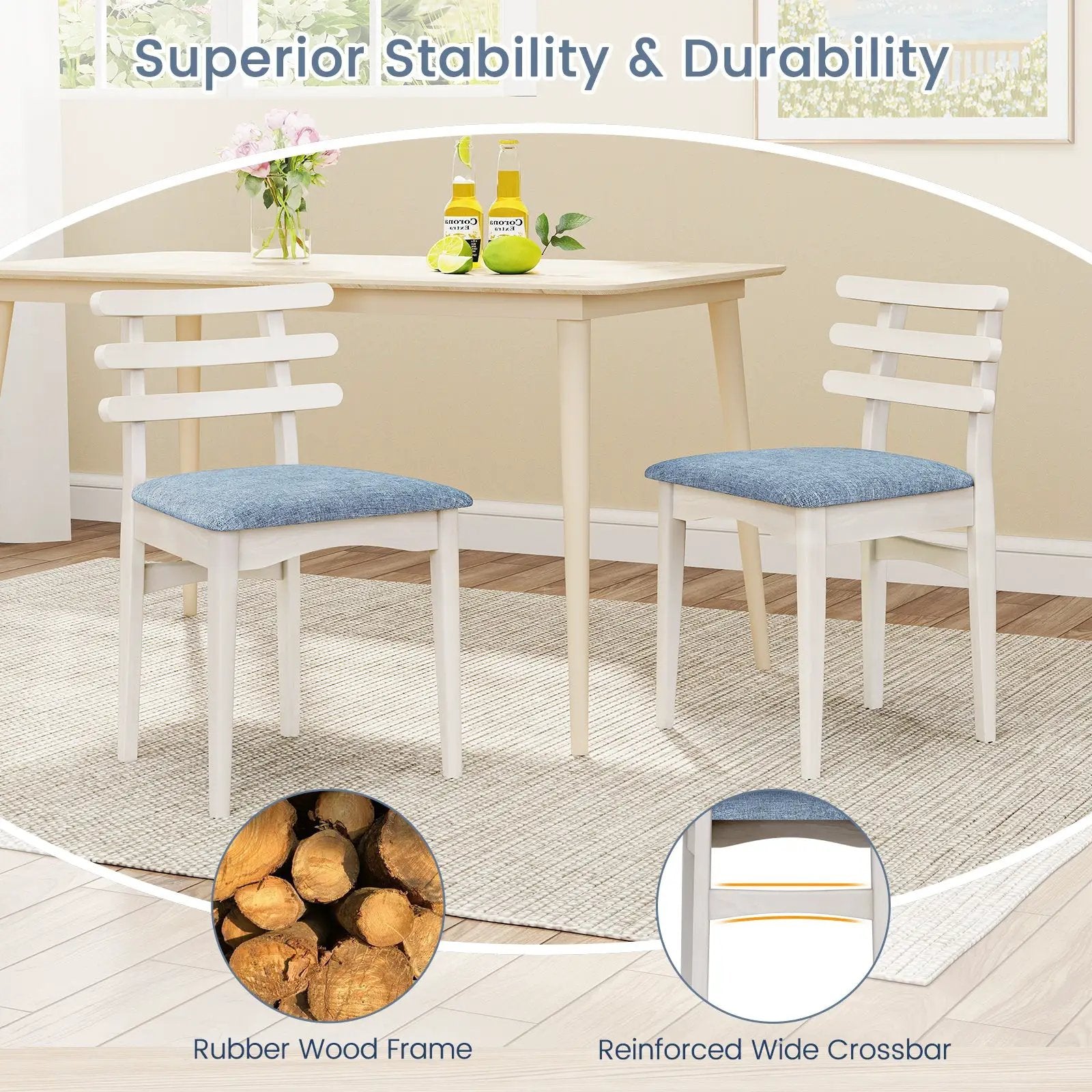 Fabric Kitchen Side Chairs with Rubber Wood Frame and Padded Seat-White by DirectDeals