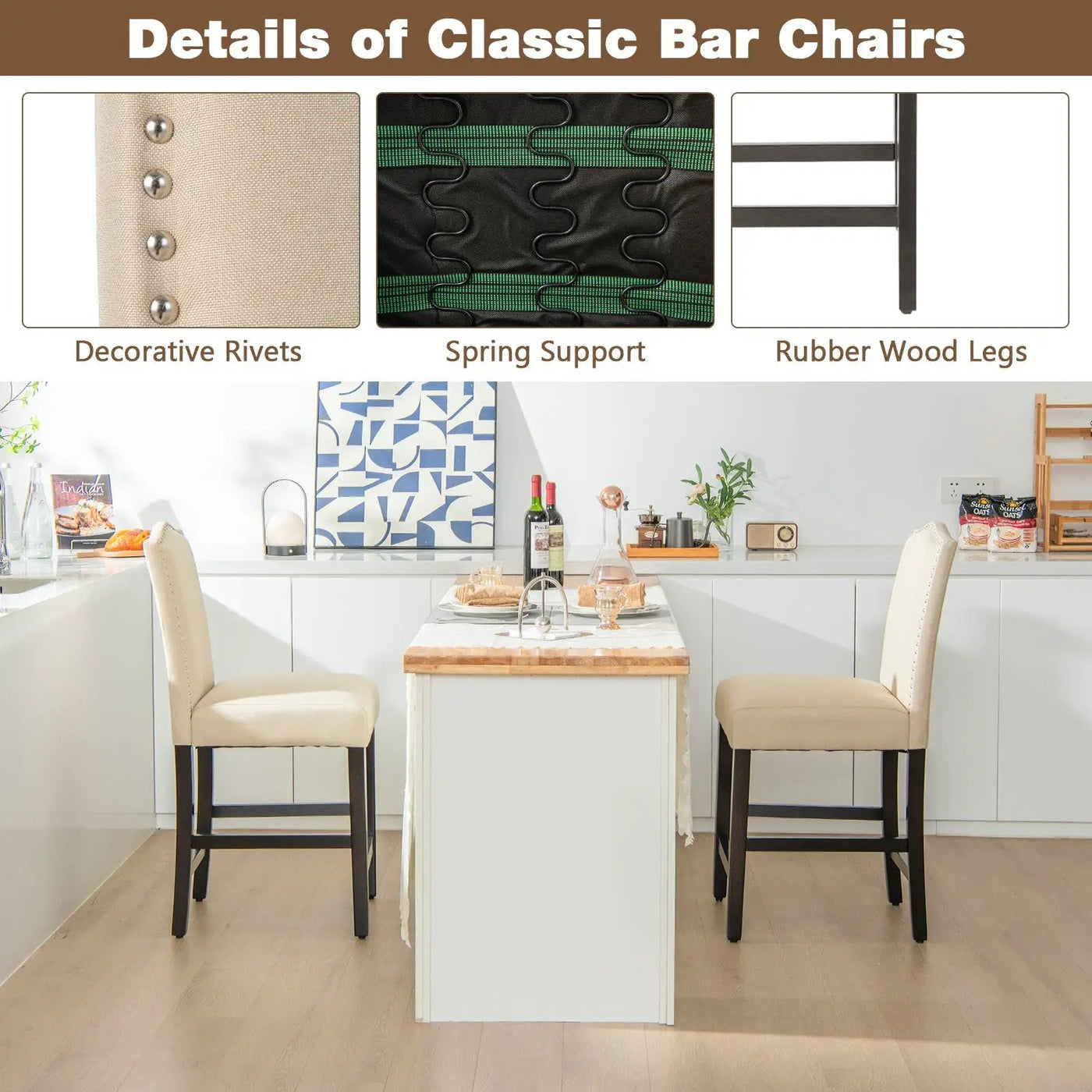 2 Pcs Fabric Nail Head Counter Height Dining Side Chairs Set by DirectDeals