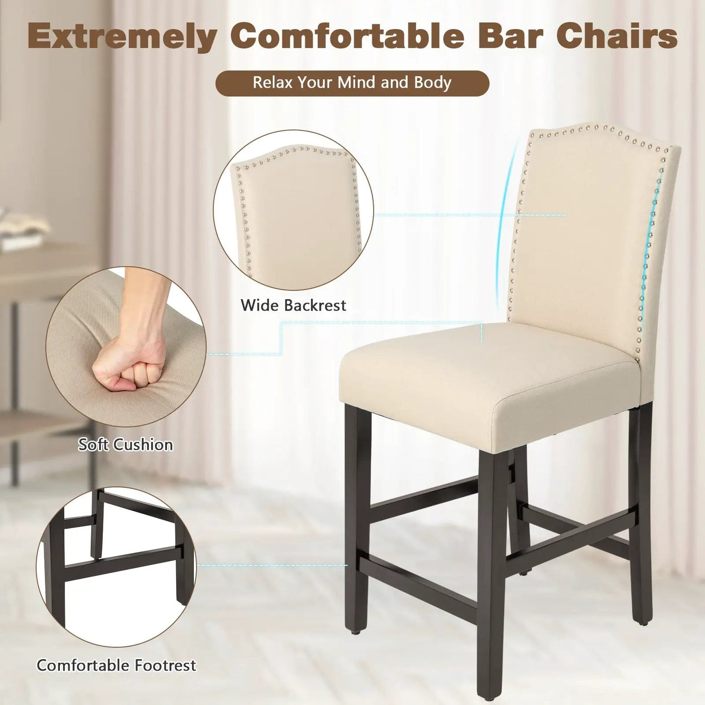 2 Pcs Fabric Nail Head Counter Height Dining Side Chairs Set by DirectDeals