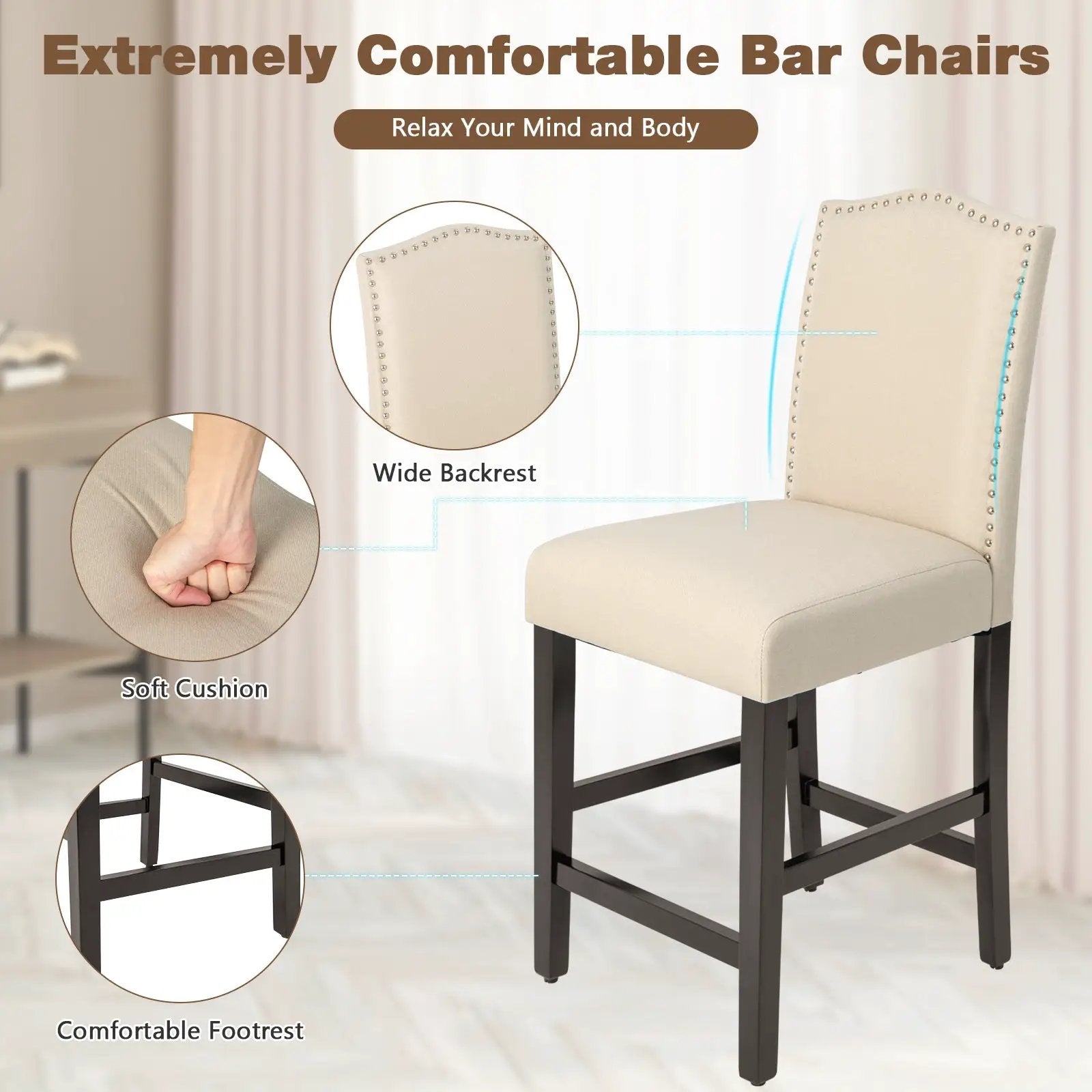 2 Pcs Fabric Nail Head Counter Height Dining Side Chairs Set by DirectDeals
