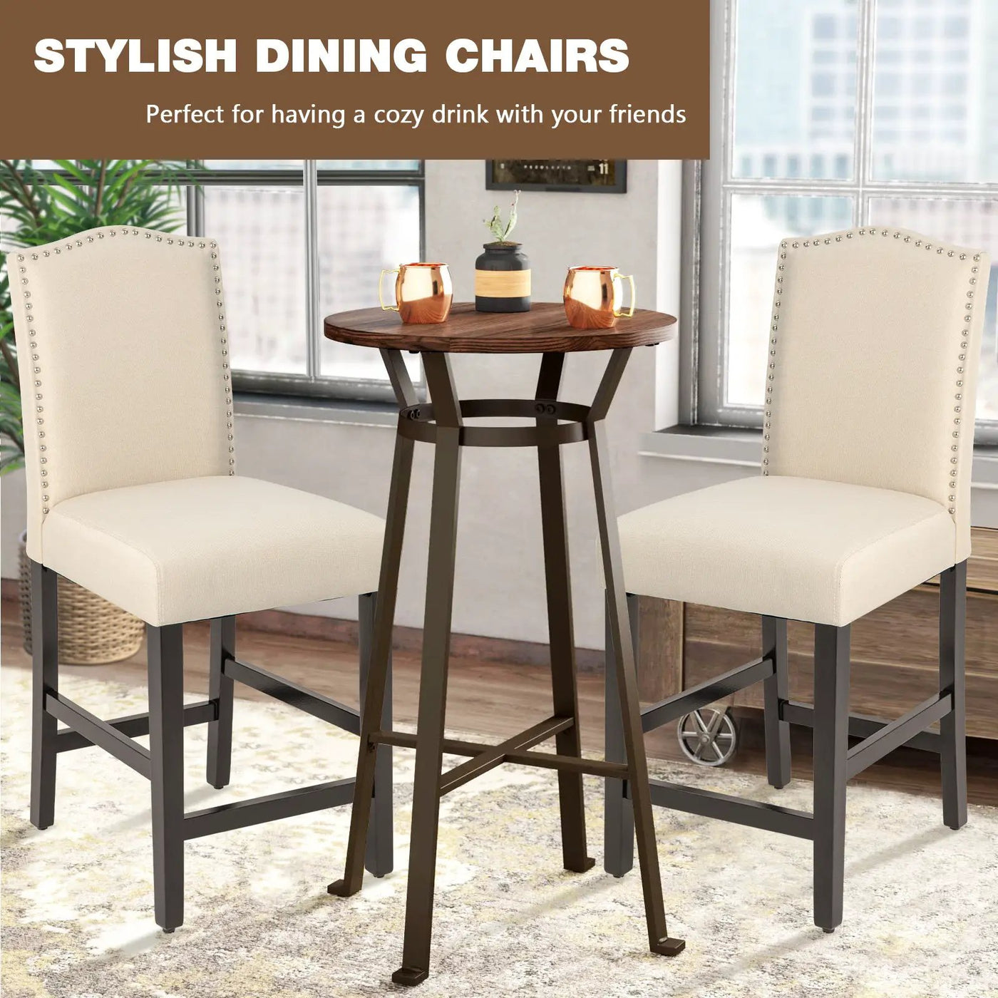 2 Pcs Fabric Nail Head Counter Height Dining Side Chairs Set by DirectDeals
