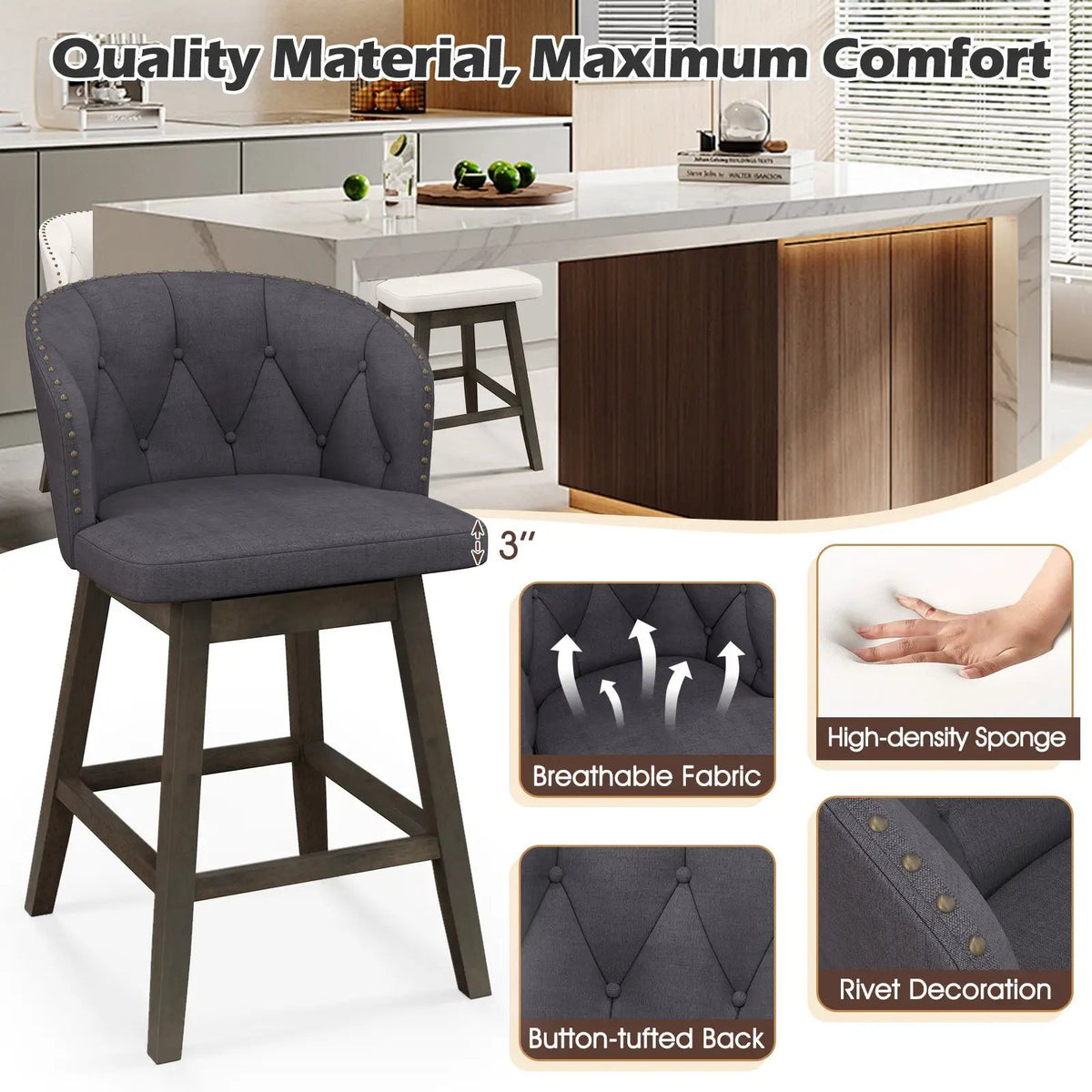 Counter Height Fabric Upholstered Bar Stools Set of 2 by DirectDeals