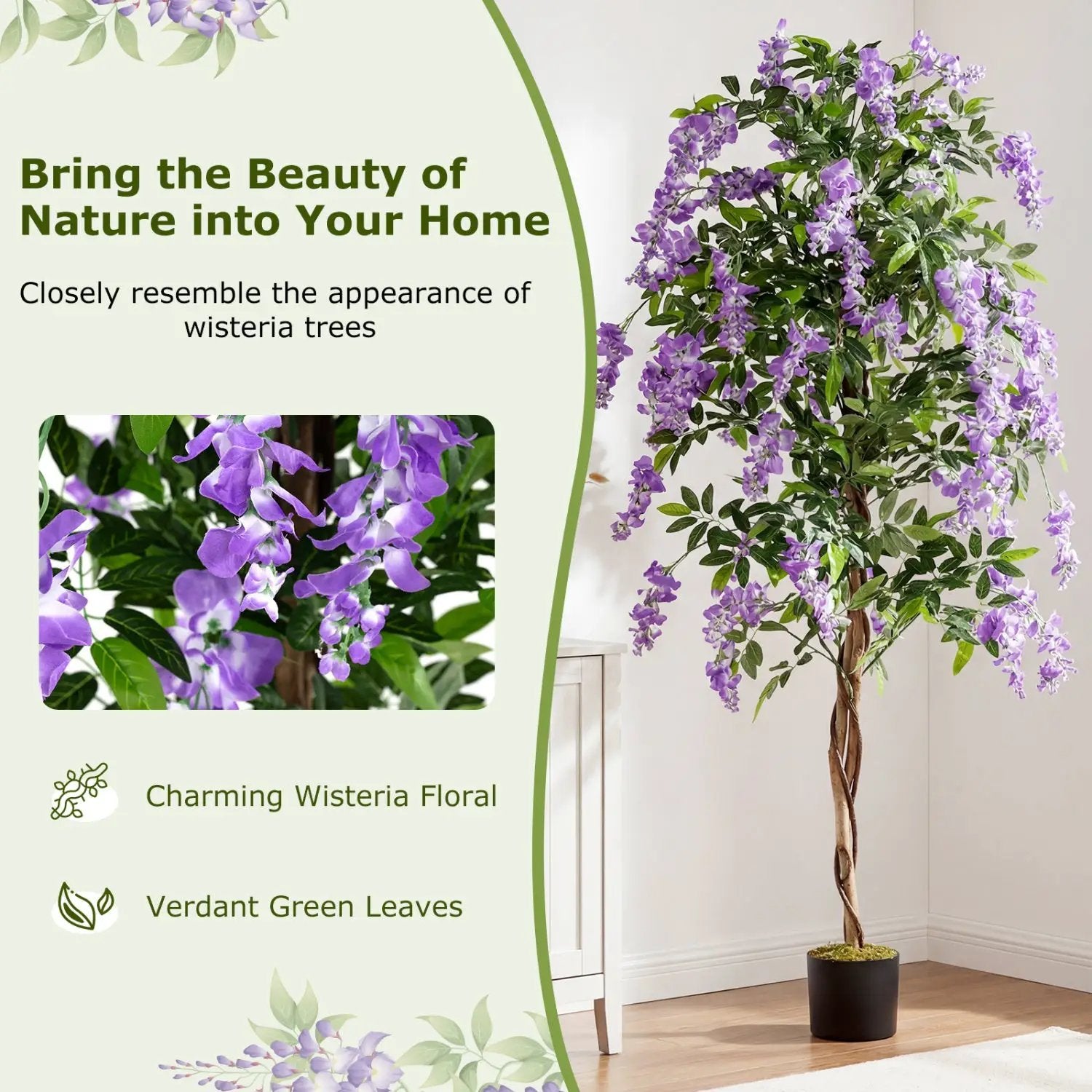 Set of 2 Fake Ficus Plant 6 FT Artificial Wisteria Tree with Natural Trunks and Purple Lifelike Flowers by DirectDeals