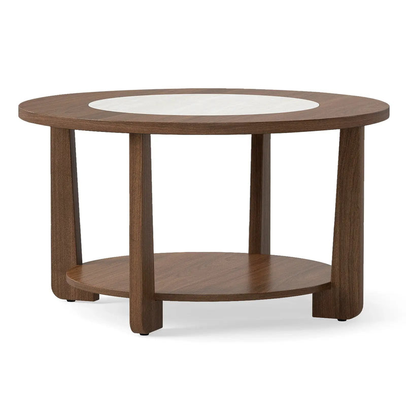 Farmhouse Accent Round Coffee Table with 2-Tone Tabletop and Open Storage Shelf for Living Room-Brown by DirectDeals