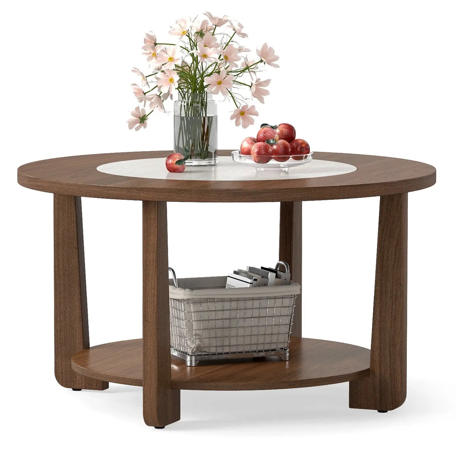 Farmhouse Accent Round Coffee Table with 2-Tone Tabletop and Open Storage Shelf for Living Room-Brown by DirectDeals
