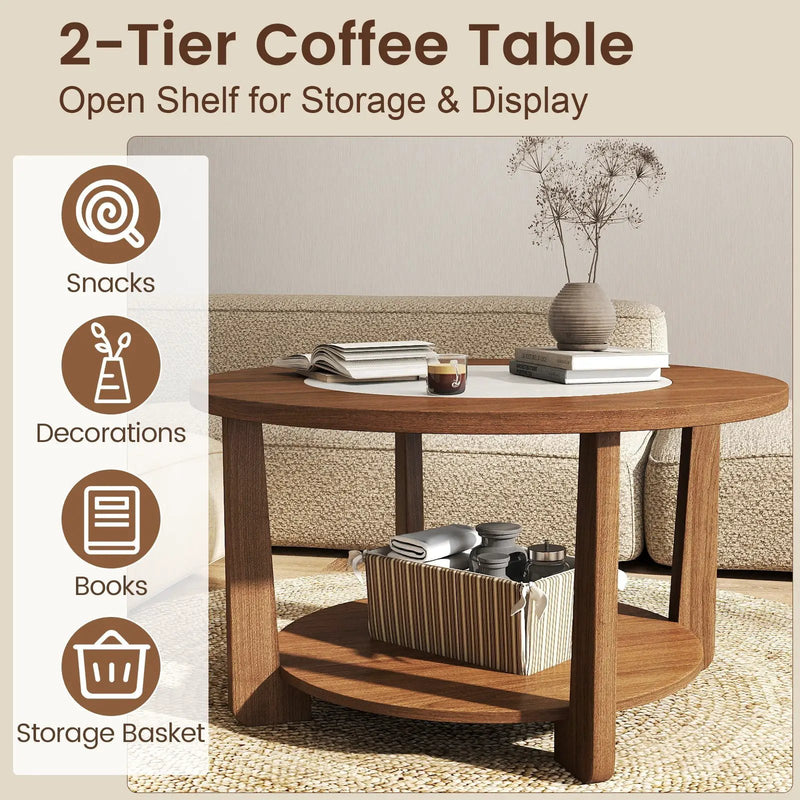 Farmhouse Accent Round Coffee Table with 2-Tone Tabletop and Open Storage Shelf for Living Room-Brown by DirectDeals