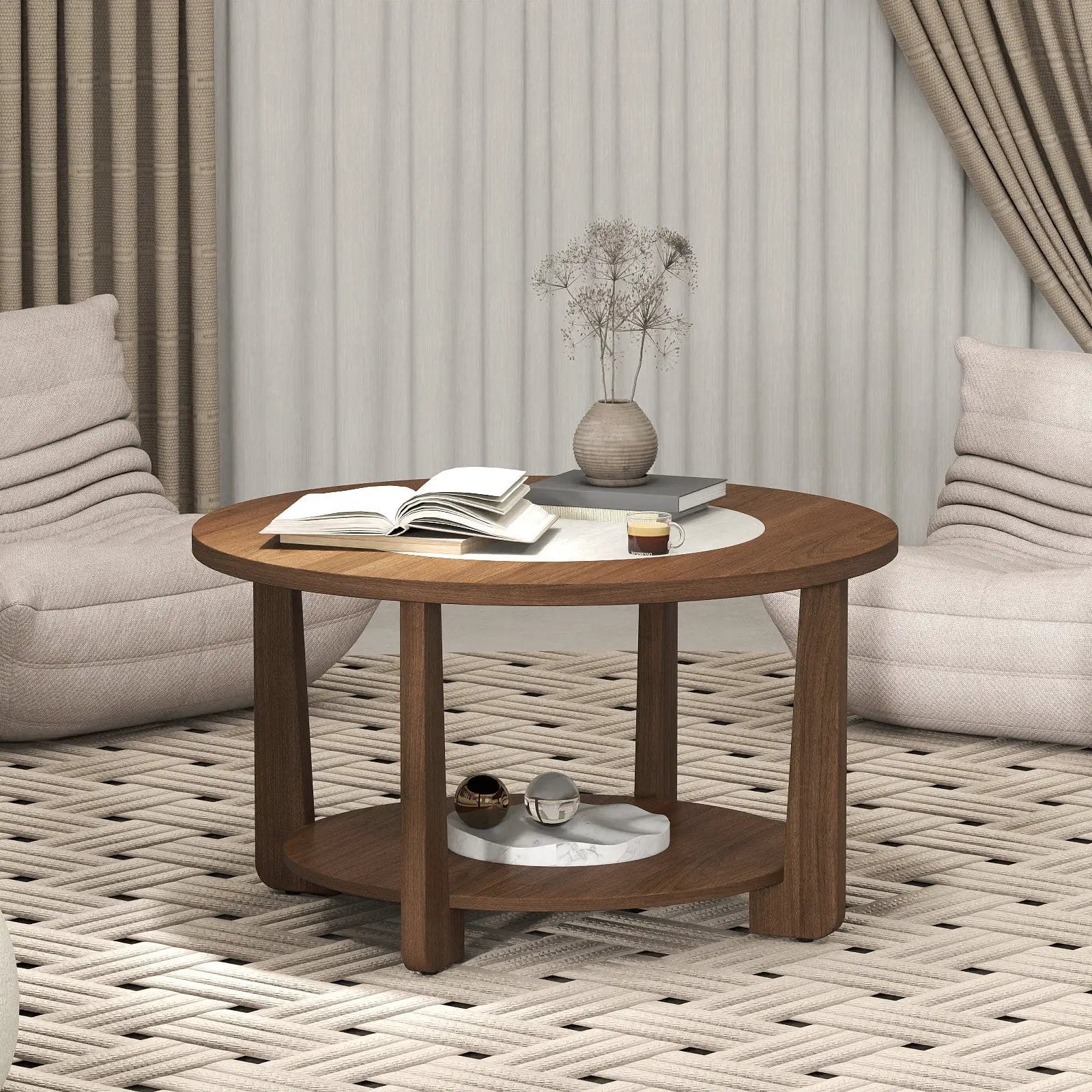 Farmhouse Accent Round Coffee Table with 2-Tone Tabletop and Open Storage Shelf for Living Room-Brown by DirectDeals