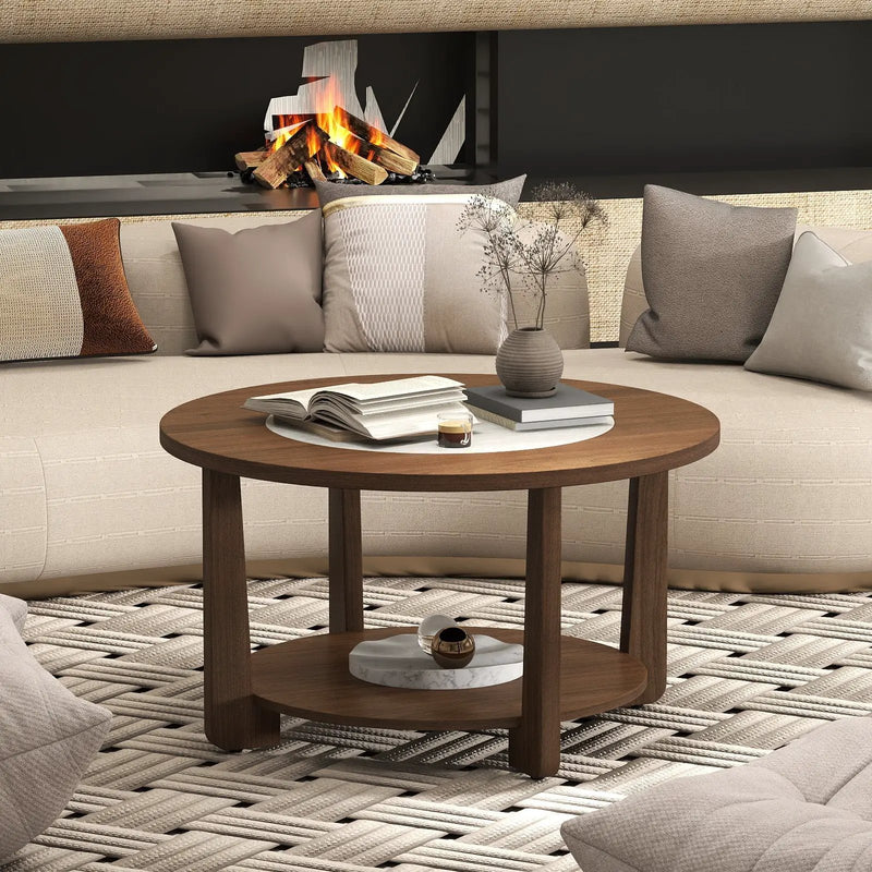 Farmhouse Accent Round Coffee Table with 2-Tone Tabletop and Open Storage Shelf for Living Room-Brown by DirectDeals