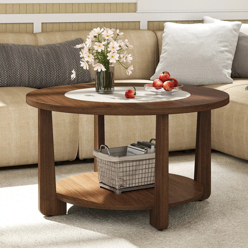Farmhouse Accent Round Coffee Table with 2-Tone Tabletop and Open Storage Shelf for Living Room-Brown by DirectDeals