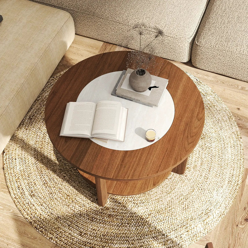 Farmhouse Accent Round Coffee Table with 2-Tone Tabletop and Open Storage Shelf for Living Room-Brown by DirectDeals