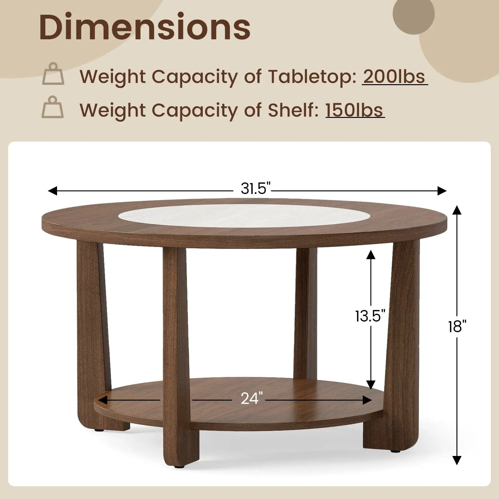 Farmhouse Accent Round Coffee Table with 2-Tone Tabletop and Open Storage Shelf for Living Room-Brown by DirectDeals