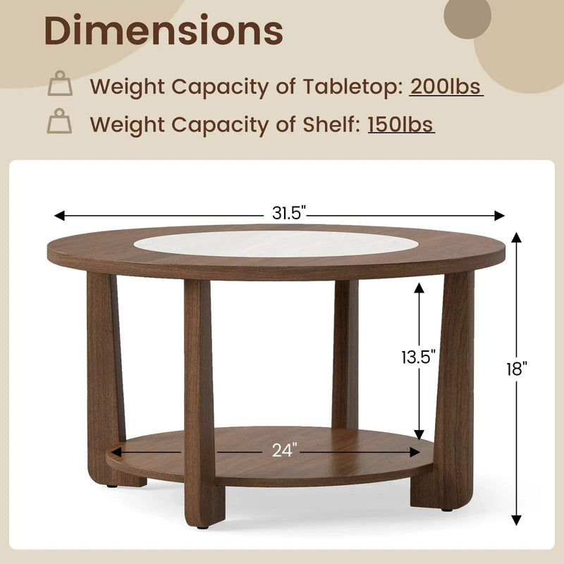 Farmhouse Accent Round Coffee Table with 2-Tone Tabletop and Open Storage Shelf for Living Room-Brown by DirectDeals