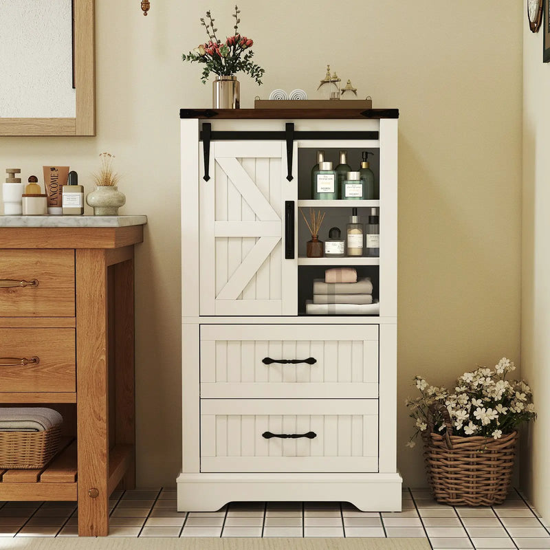 Farmhouse Bathroom Floor Cabinet Freestanding Wooden Storage Organizer-White by DirectDeals