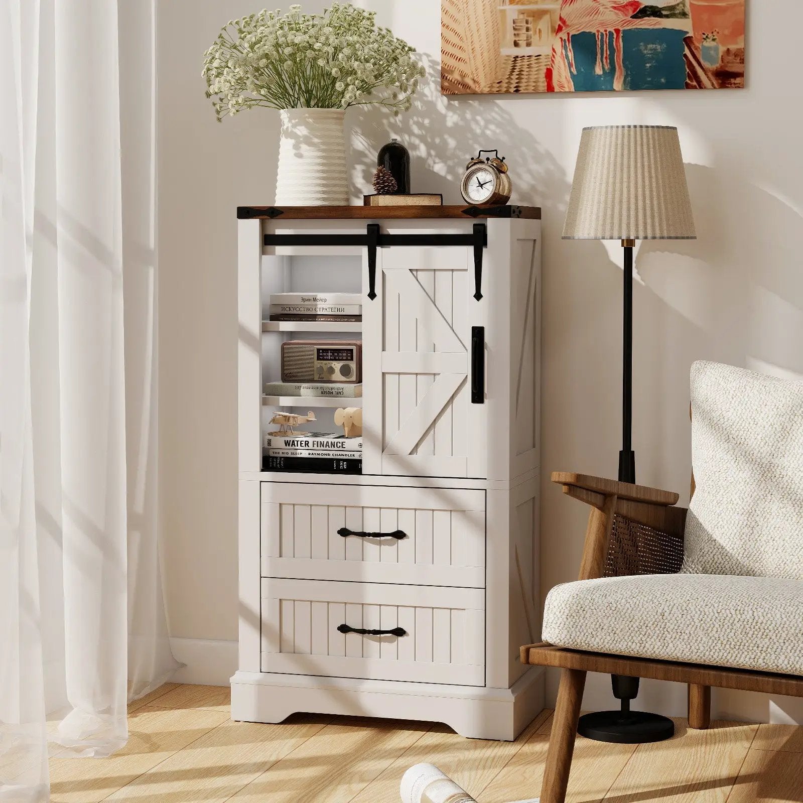 Farmhouse Bathroom Floor Cabinet Freestanding Wooden Storage Organizer-White by DirectDeals