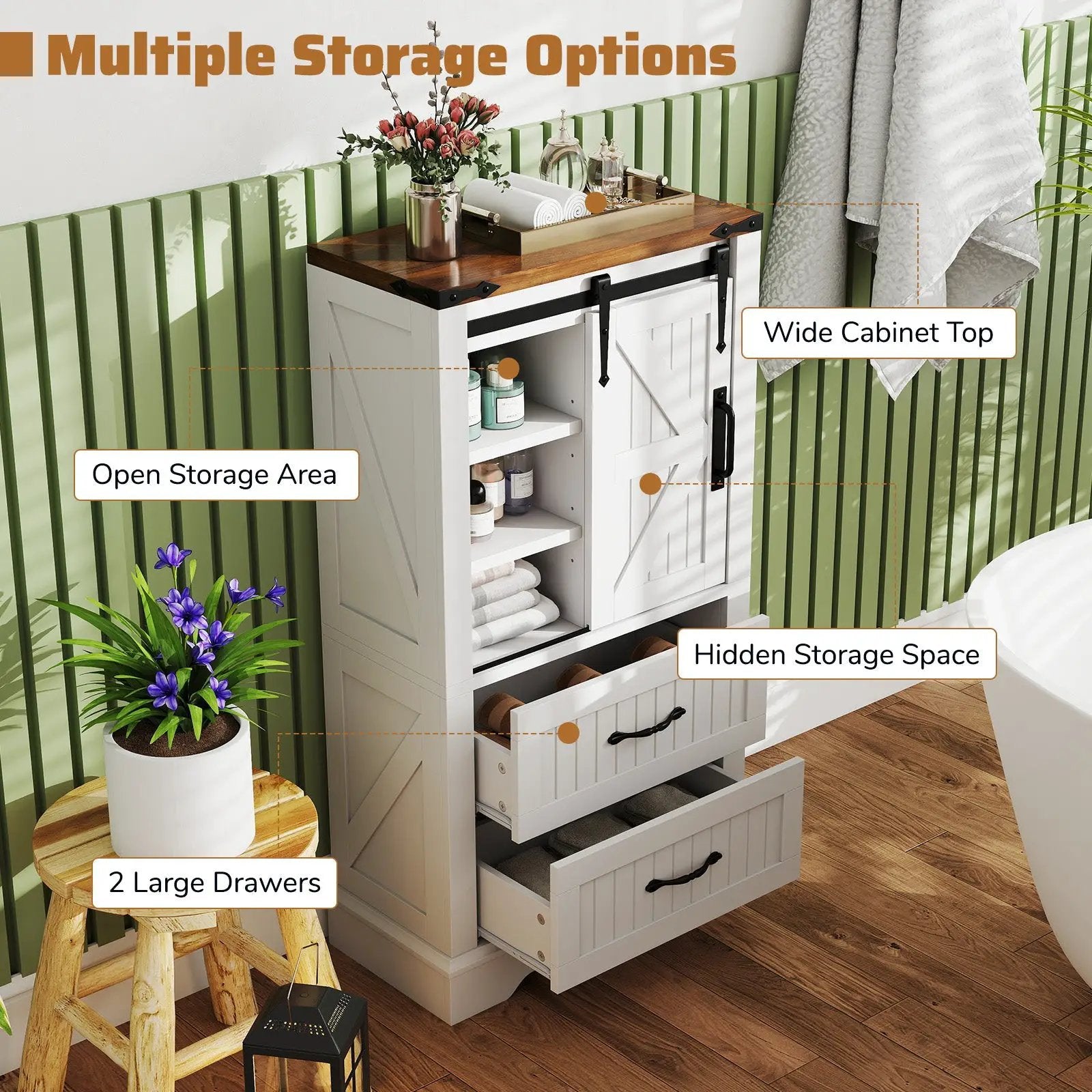Farmhouse Bathroom Floor Cabinet Freestanding Wooden Storage Organizer-White by DirectDeals