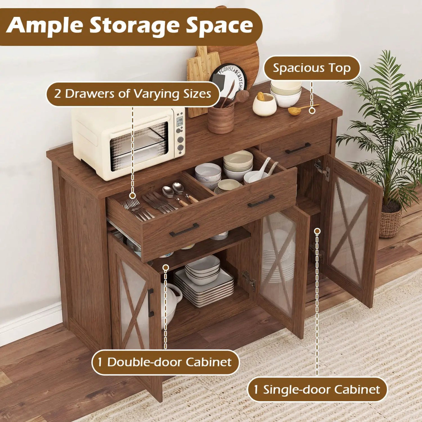 Farmhouse Buffet Sideboard 3-Door Kitchen Storage Cabinet with 2 Drawers by DirectDeals