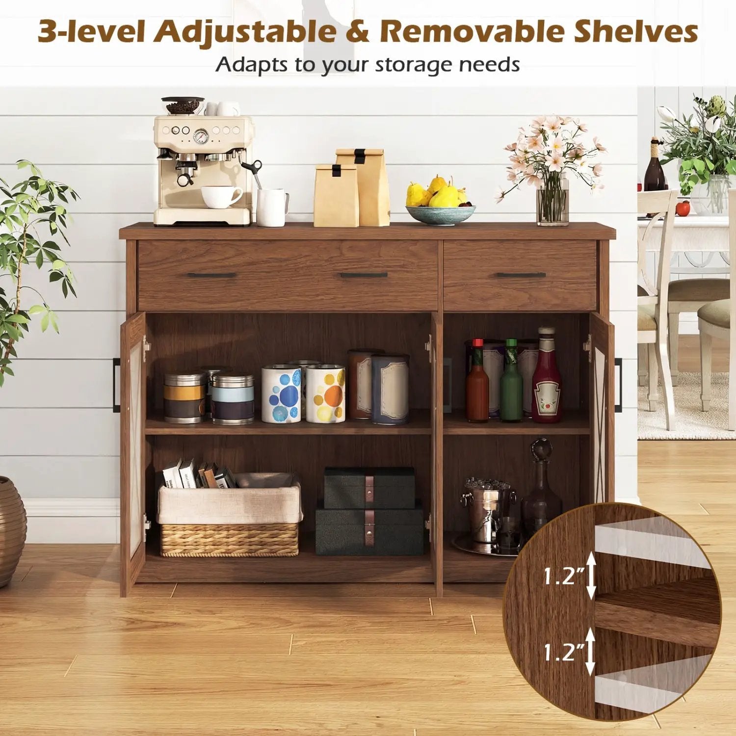 Farmhouse Buffet Sideboard 3-Door Kitchen Storage Cabinet with 2 Drawers by DirectDeals