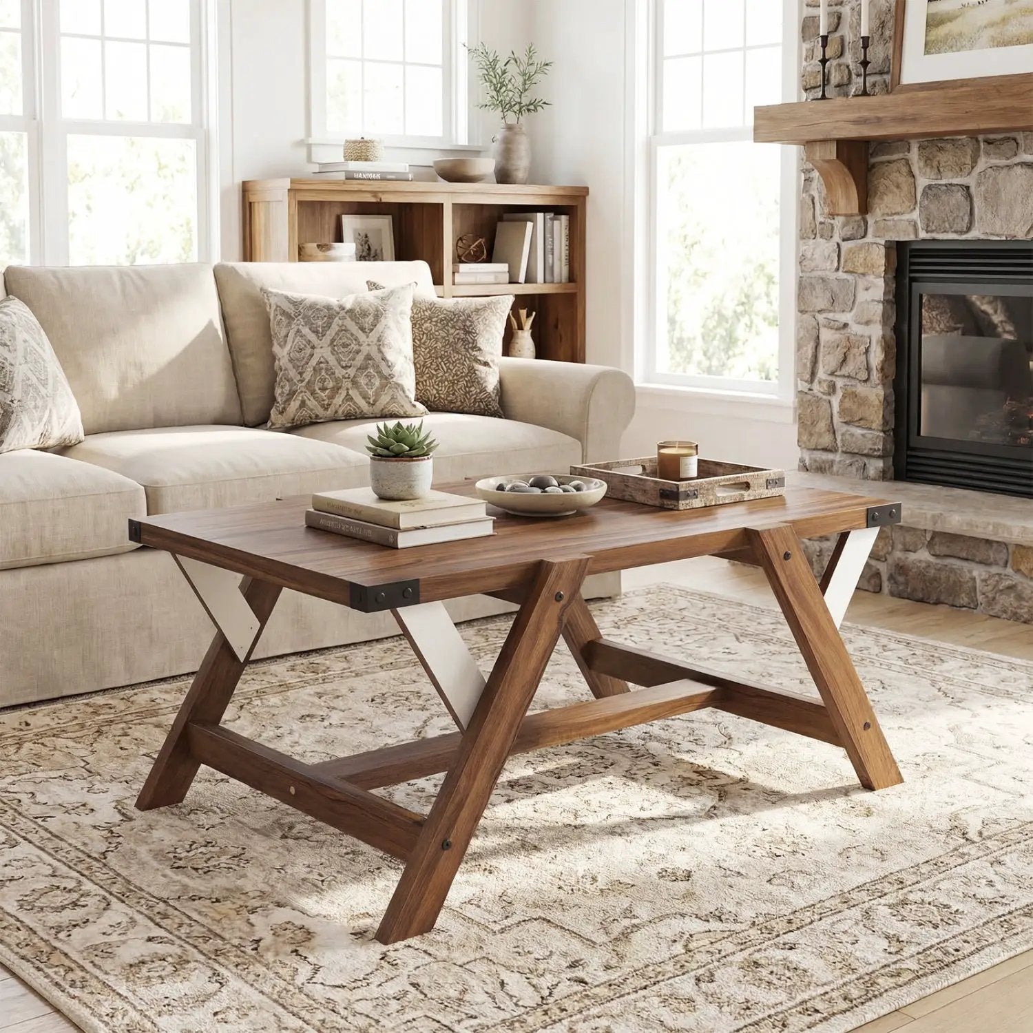 Farmhouse Center Table with Decorative Nailhead Accents for Living Room by DirectDeals