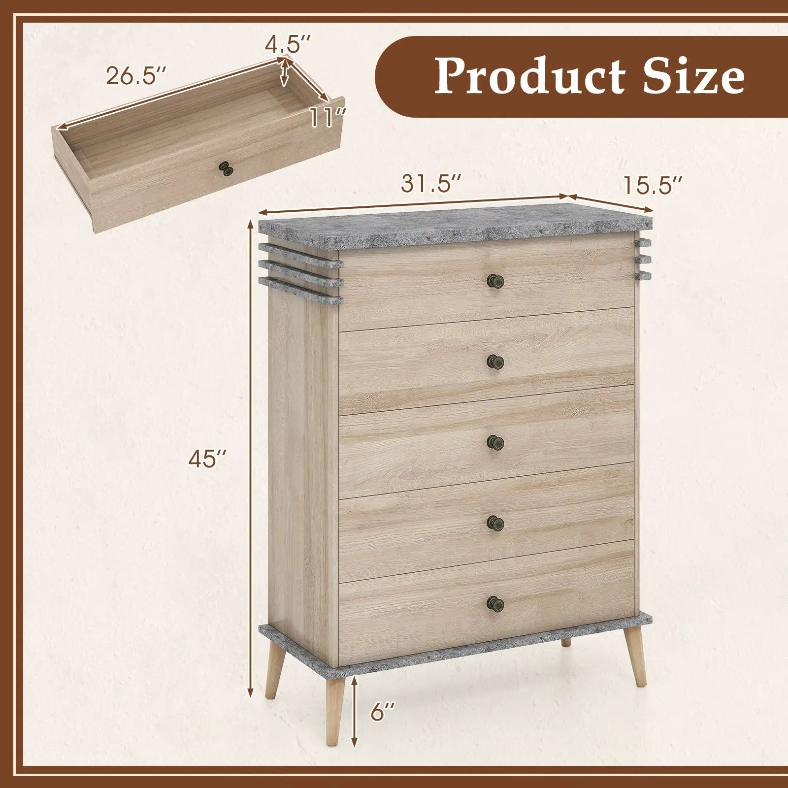 Farmhouse Chest Dresser of Drawers Tall Storage Organizer-Grey by DirectDeals