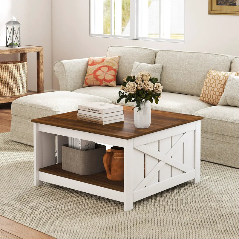 Farmhouse Coffee Table 31 Inch Square Coffee Table with Storage Shelf-White by DirectDeals