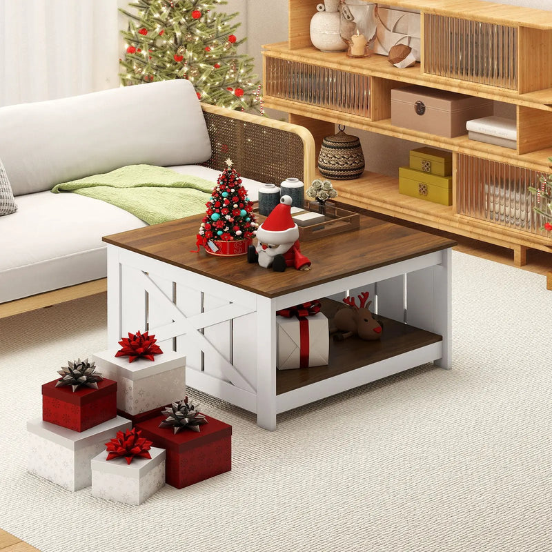 Farmhouse Coffee Table 31 Inch Square Coffee Table with Storage Shelf-White by DirectDeals