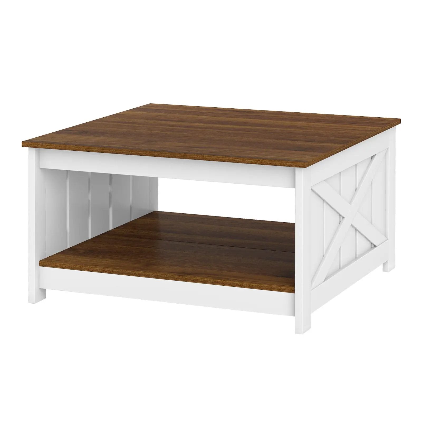 Farmhouse Coffee Table 31 Inch Square Coffee Table with Storage Shelf-White by DirectDeals
