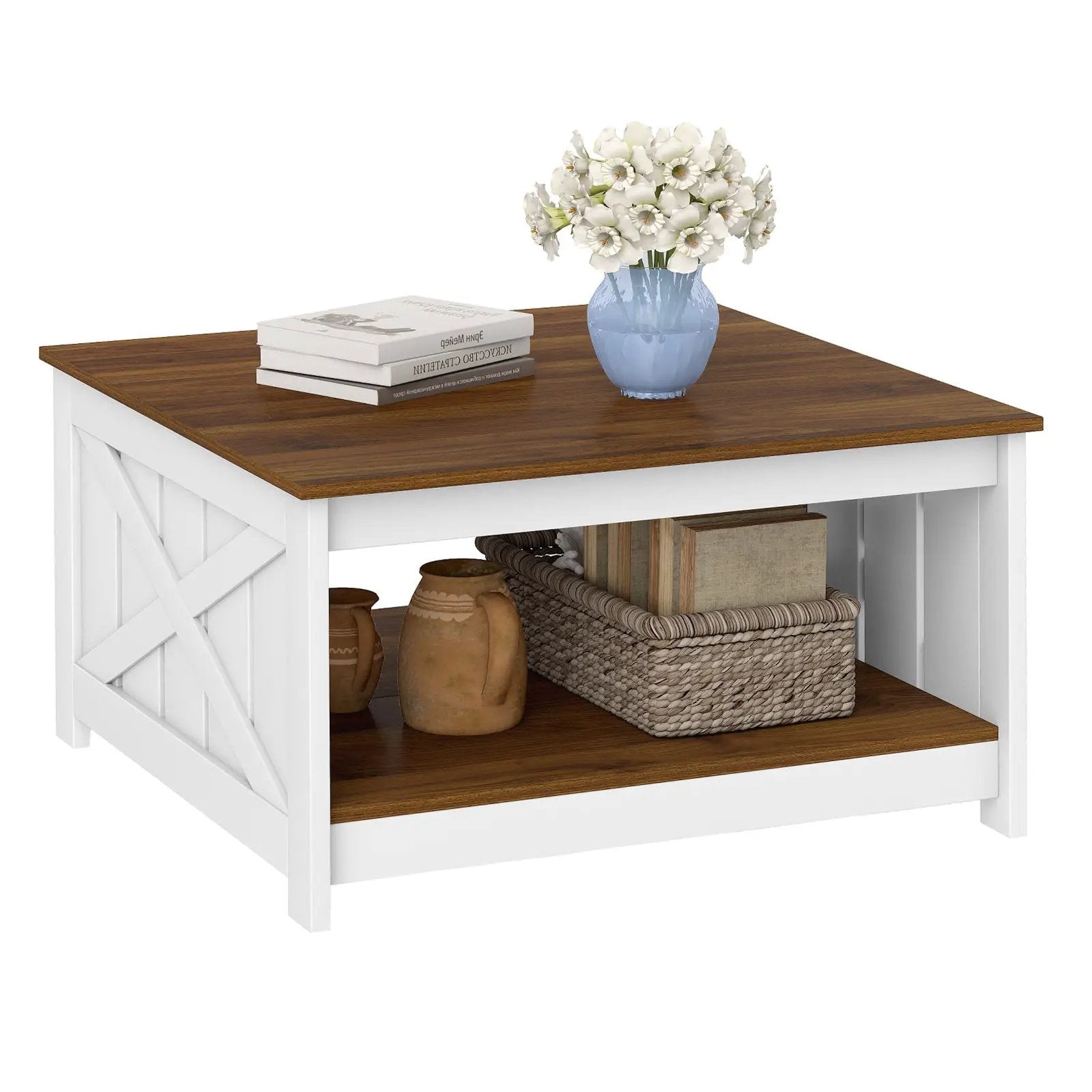 Farmhouse Coffee Table 31 Inch Square Coffee Table with Storage Shelf-White by DirectDeals