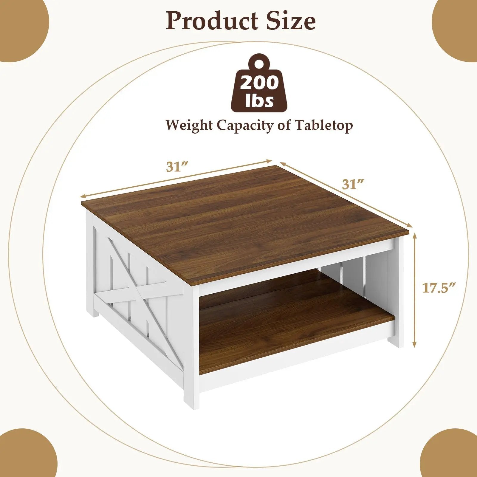 Farmhouse Coffee Table 31 Inch Square Coffee Table with Storage Shelf-White by DirectDeals