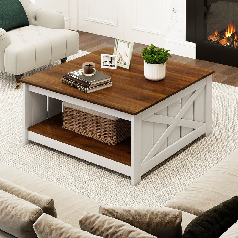 Farmhouse Coffee Table 31 Inch Square Coffee Table with Storage Shelf-White by DirectDeals