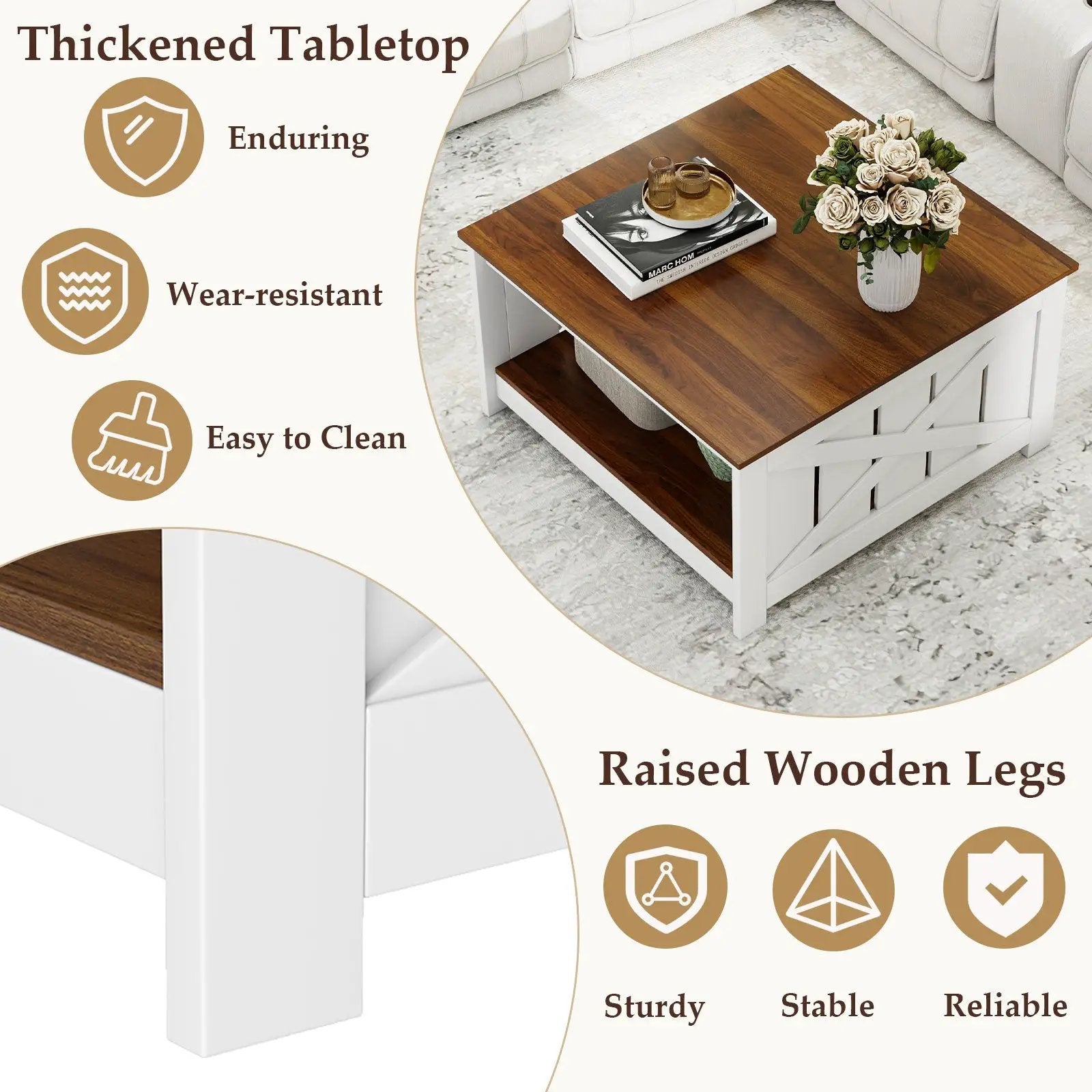 Farmhouse Coffee Table 31 Inch Square Coffee Table with Storage Shelf-White by DirectDeals