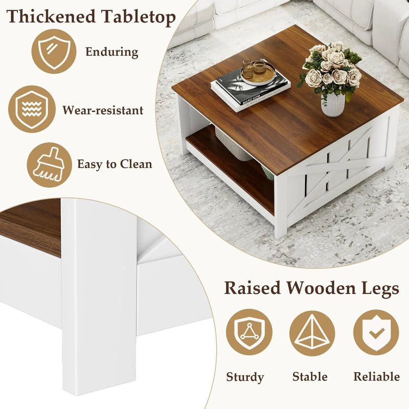 Farmhouse Coffee Table 31 Inch Square Coffee Table with Storage Shelf-White by DirectDeals