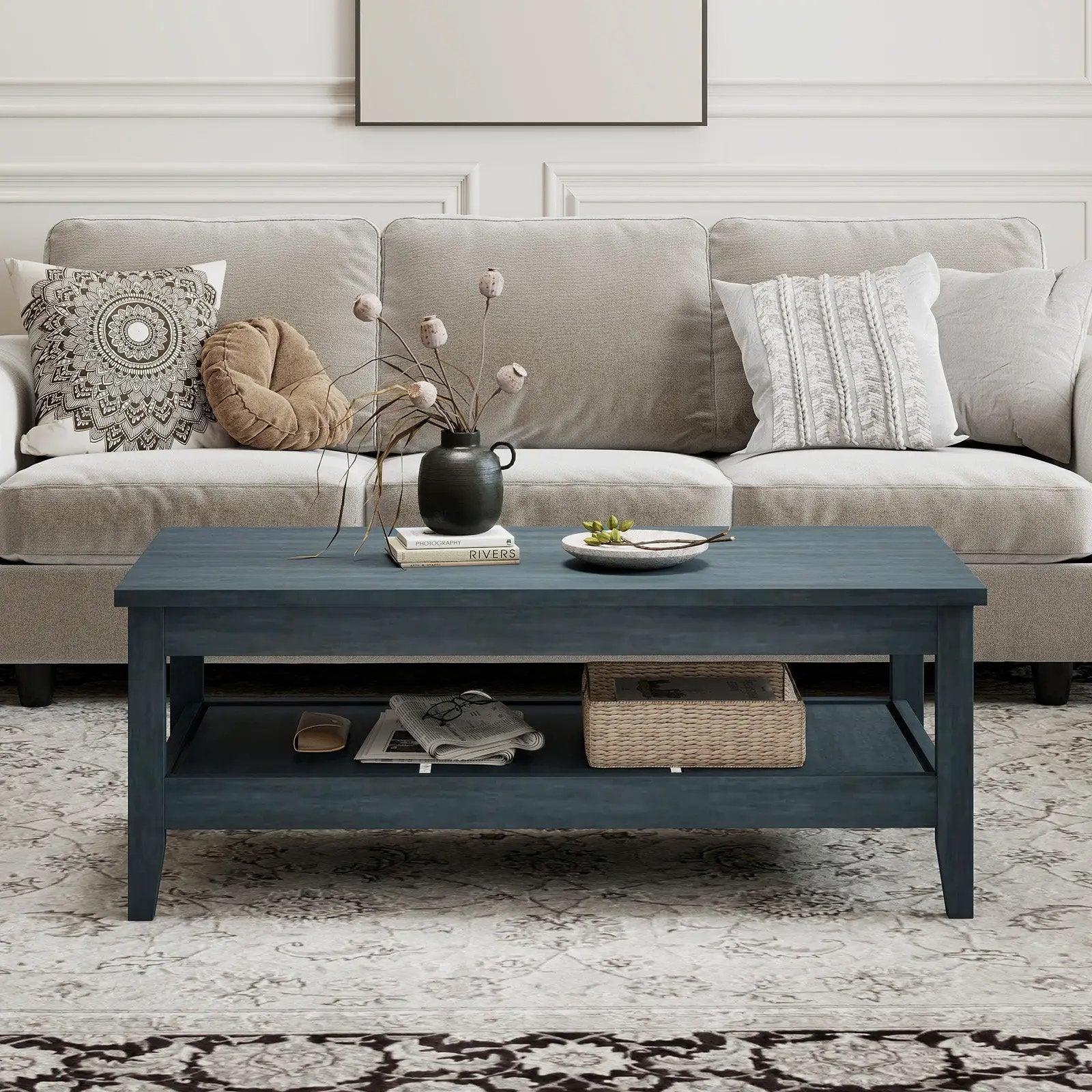 Farmhouse Coffee Table Rustic Cocktail Center Table with Thickened Tabletop by DirectDeals