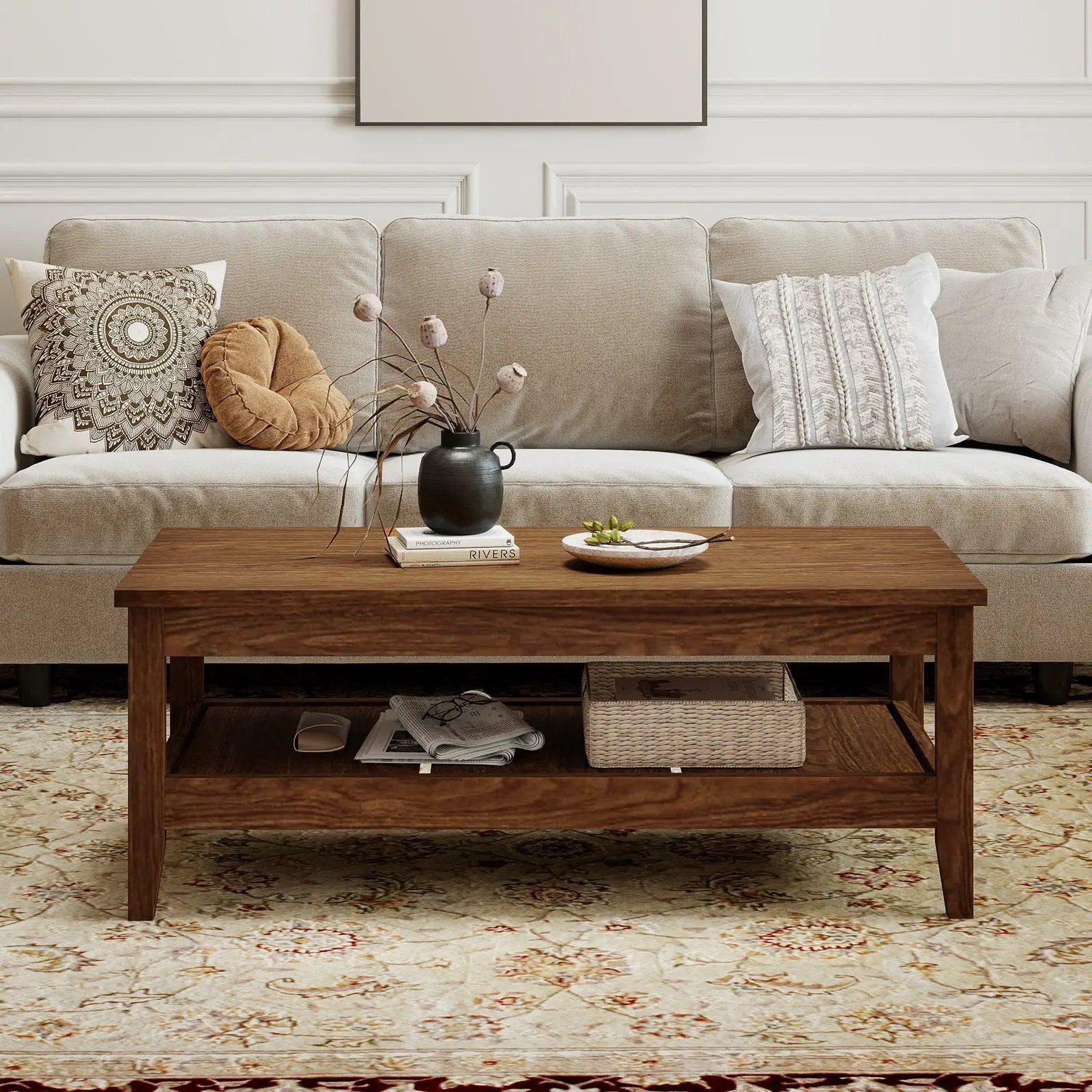 Farmhouse Coffee Table Rustic Cocktail Center Table with Thickened Tabletop by DirectDeals