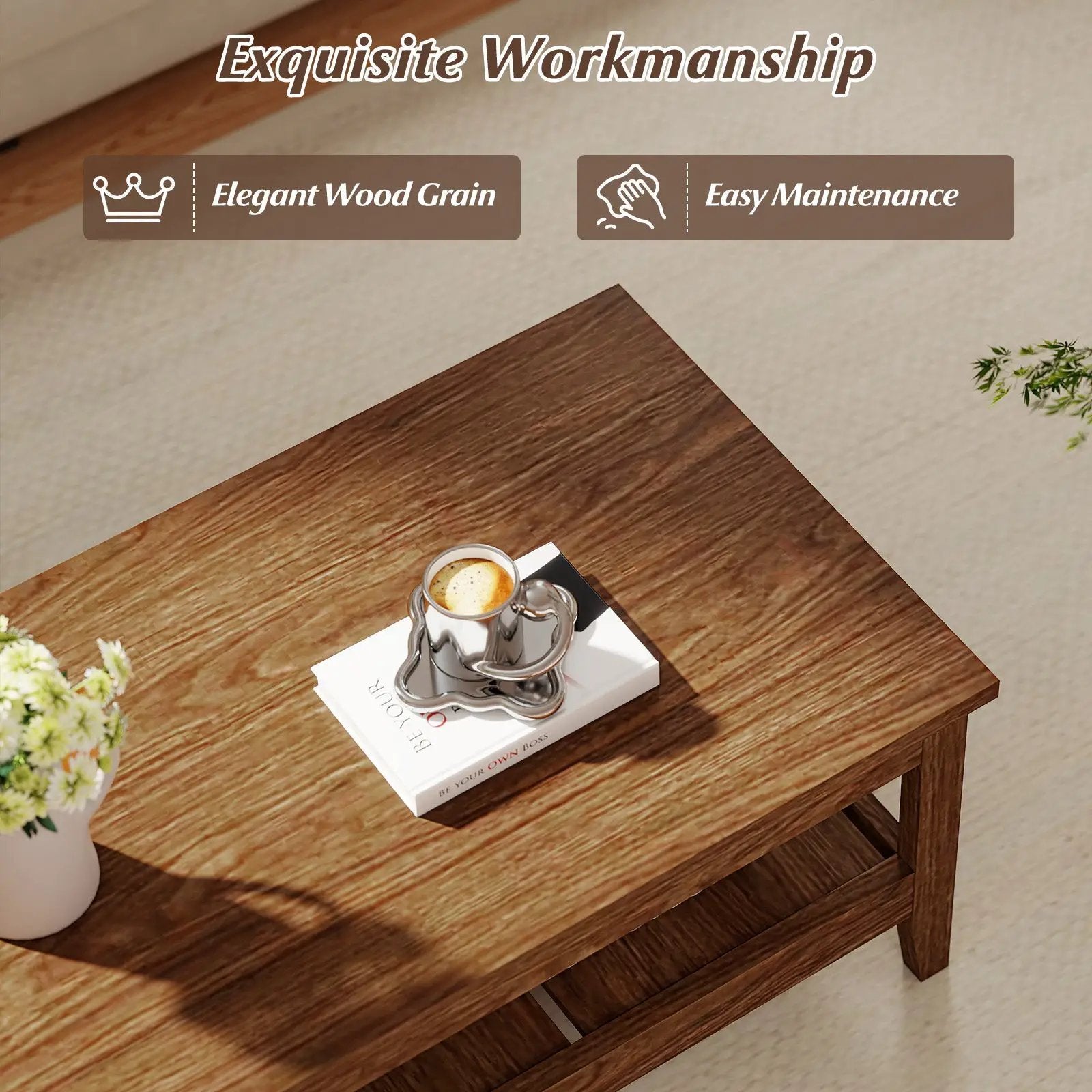 Farmhouse Coffee Table Rustic Cocktail Center Table with Thickened Tabletop by DirectDeals